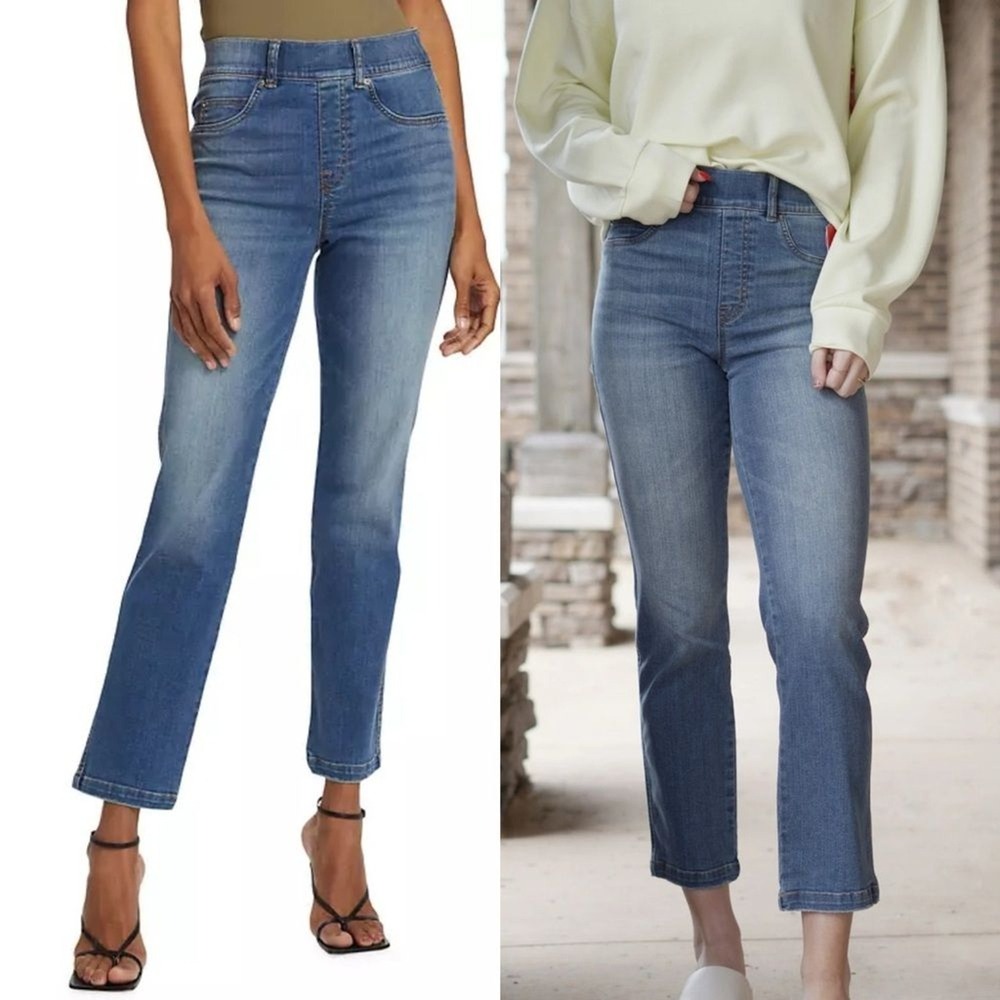 Spanx Womens Jeans M Straight Leg Blue Pull On Slimming Stretch Casual